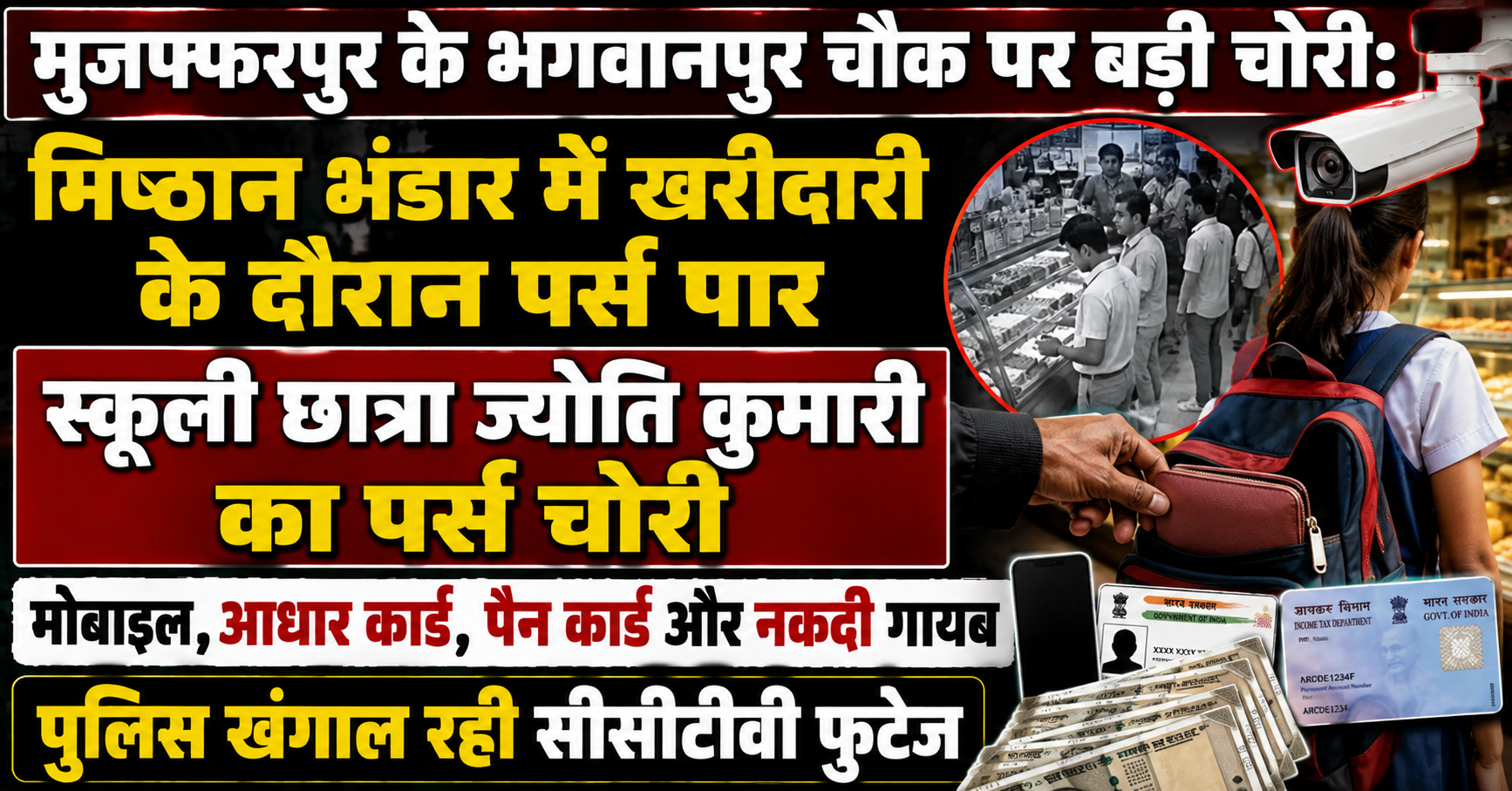 मुजफ्फरपुर के भगवानपुर चौक पर बड़ी चोरी: मिष्ठान भंडार में खरीदारी के दौरान स्कूली छात्रा ज्योति कुमारी का पर्स पार; मोबाइल, [Aadhaar Redacted], पैन कार्ड और नकदी गायब, पुलिस खंगाल रही सीसीटीवी फुटेज