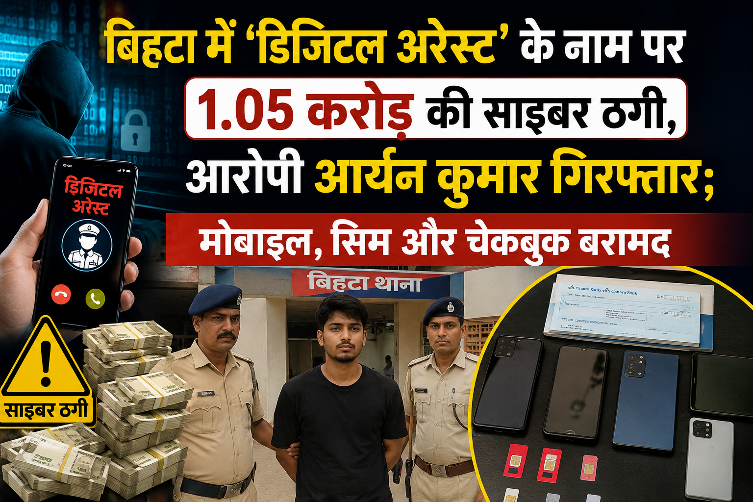 Cyber Fraud of ₹1.05 Crore in Behta Under the Pretext of ‘Digital Arrest’; Accused Aryan Kumar Arrested, Mobile Phones, SIM Cards and Cheque Book Recovered