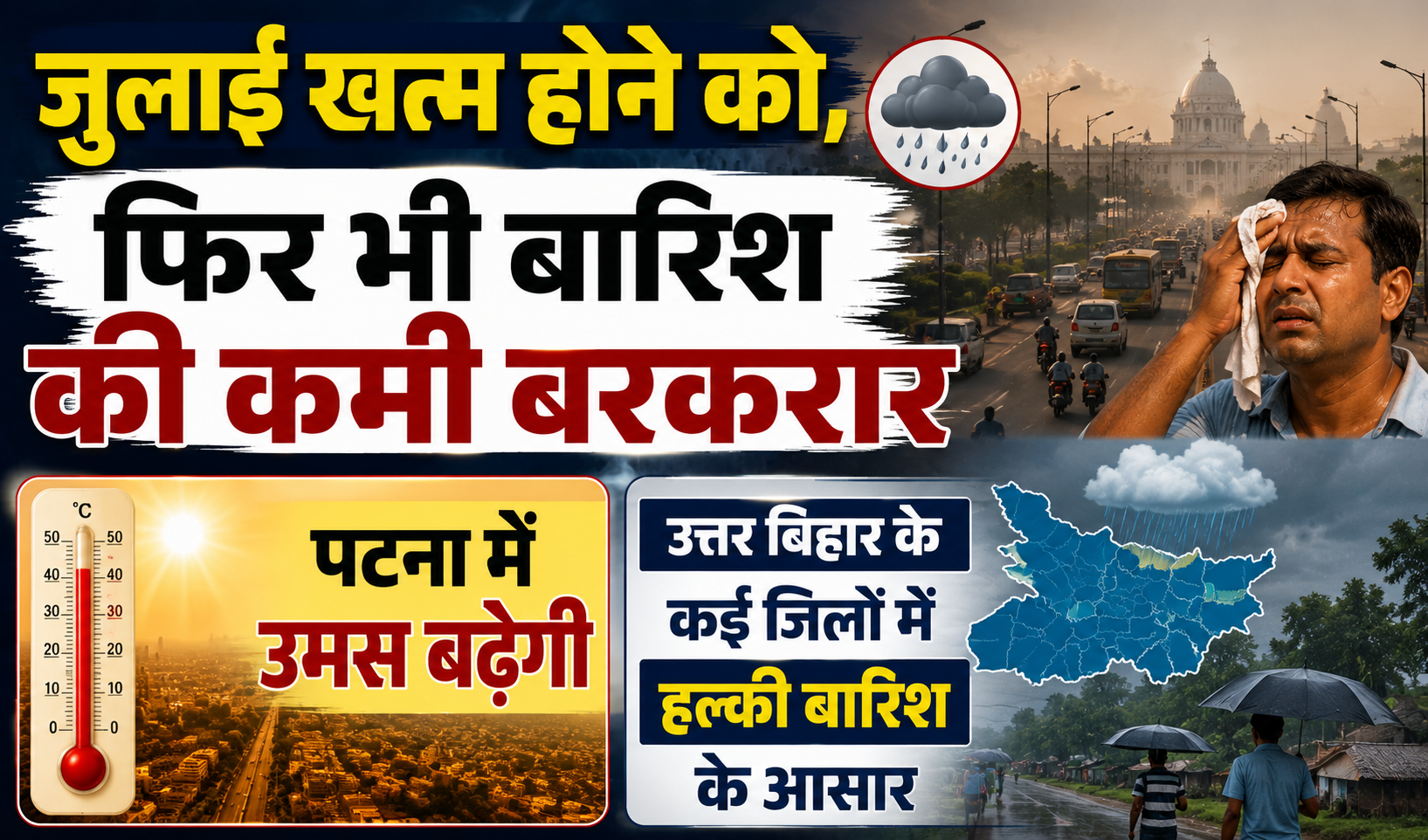 जुलाई खत्म होने को, फिर भी बारिश की कमी बरकरार; पटना में उमस बढ़ेगी, उत्तर बिहार के कई जिलों में हल्की बारिश के आसार