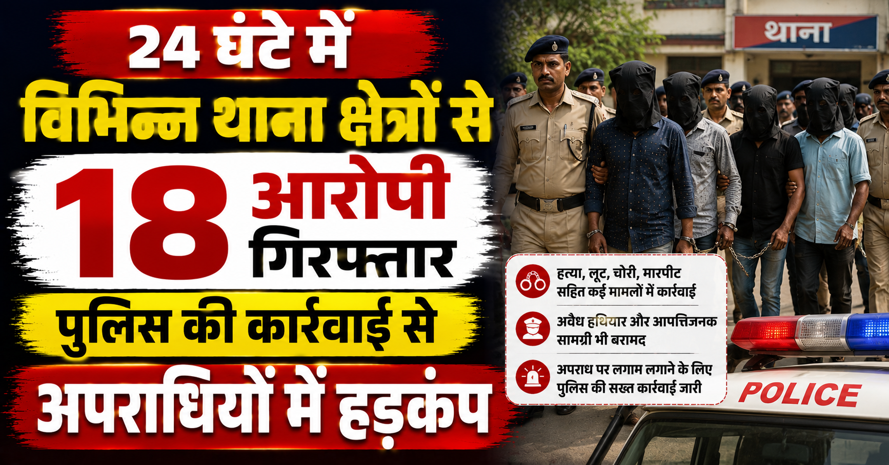 24 घंटे में विभिन्न थाना क्षेत्रों से 18 आरोपी गिरफ्तार, पुलिस की कार्रवाई से अपराधियों में हड़कंप