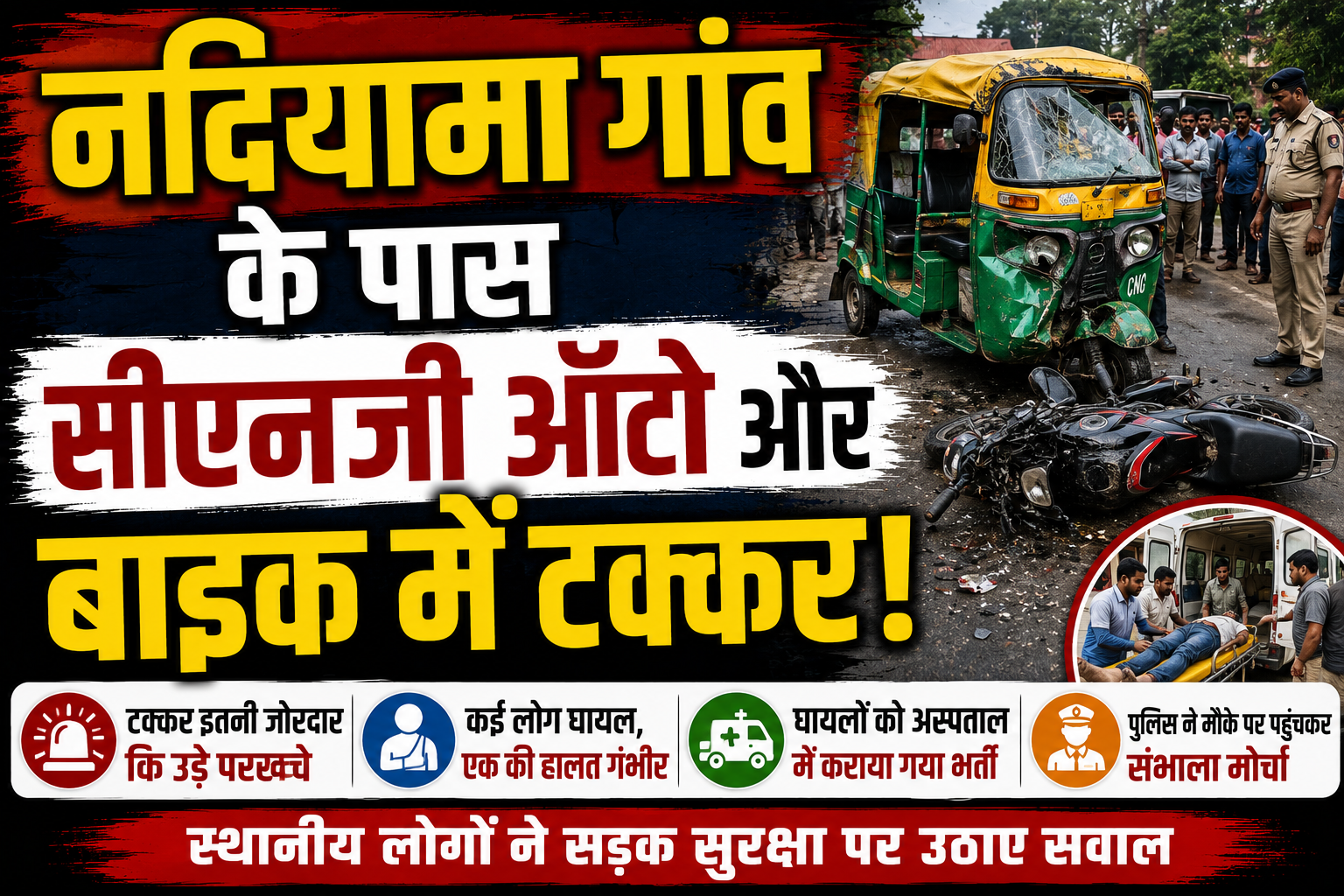 नदियामा गांव के पास सीएनजी ऑटो और टोटो में आमने-सामने की जबरदस्त टक्कर; टोटो चालक सूरज कुमार समेत कई लोग गंभीर रूप से घायल, स्थानीय ग्रामीणों में आक्रोश