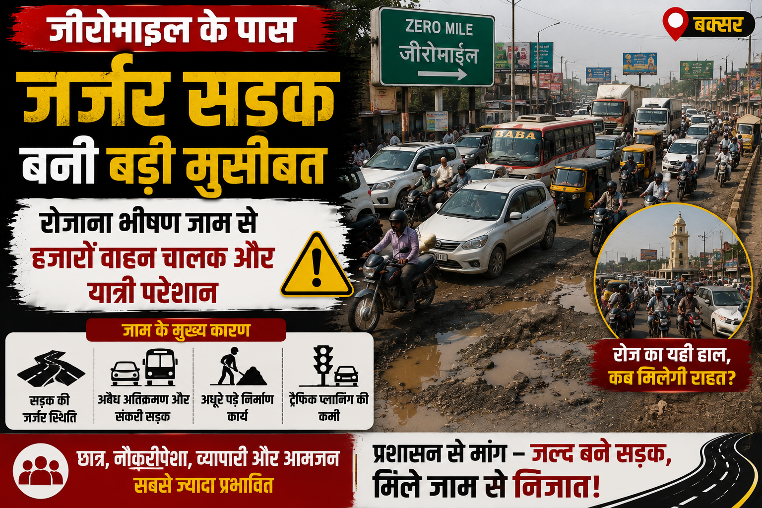 जीरोमाइल के पास जर्जर सड़क बनी बड़ी मुसीबत, रोजाना भीषण जाम से हजारों वाहन चालक और यात्री परेशान