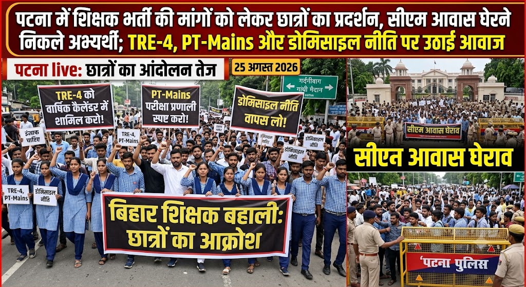 पटना में शिक्षक भर्ती की मांगों को लेकर छात्रों का प्रदर्शन, सीएम आवास घेरने निकले अभ्यर्थी; TRE-4, PT-Mains और डोमिसाइल नीति पर उठाई आवाज