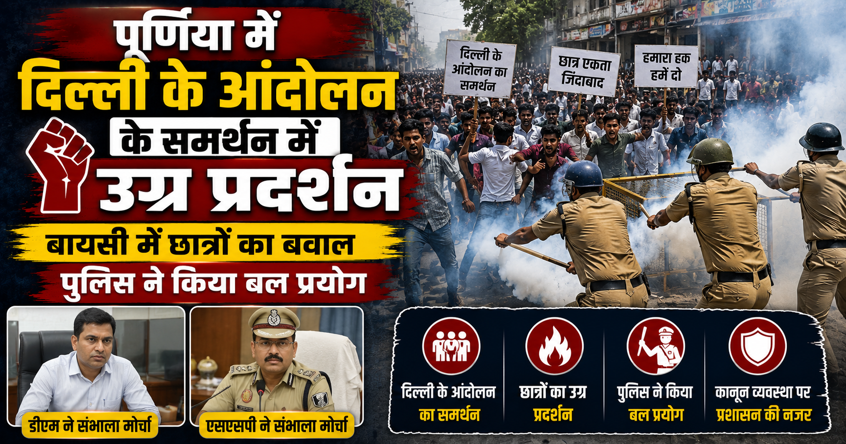 पूर्णिया में दिल्ली के आंदोलन के समर्थन में उग्र प्रदर्शन: बायसी में छात्रों का बवाल, पुलिस ने किया बल प्रयोग; डीएम और एसएसपी ने संभाला मोर्चा