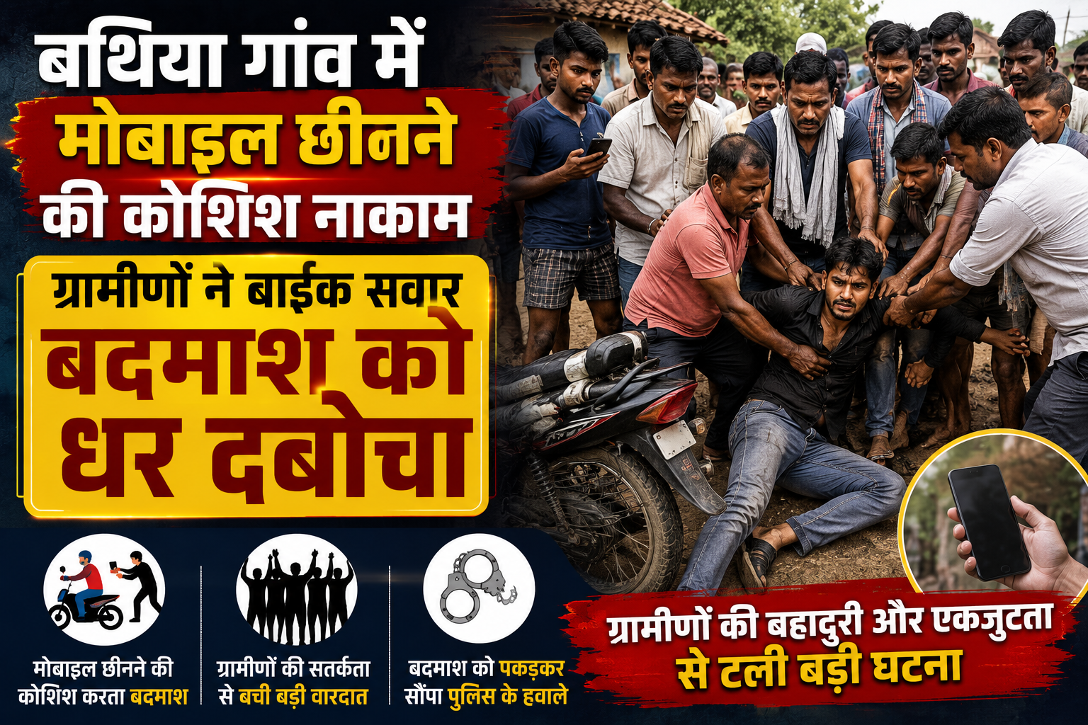 बथिया गांव में मोबाइल छीनने की कोशिश नाकाम, ग्रामीणों ने बाइक सवार बदमाश को धर दबोचा