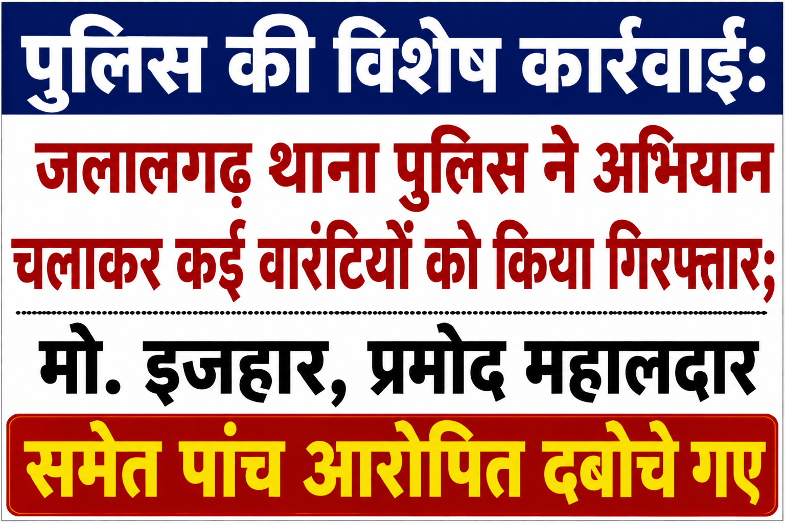 पुलिस की विशेष कार्रवाई: जलालगढ़ थाना पुलिस ने अभियान चलाकर कई वारंटियों को किया गिरफ्तार; मो. इजहार, प्रमोद महालदार समेत पांच आरोपित दबोचे गए