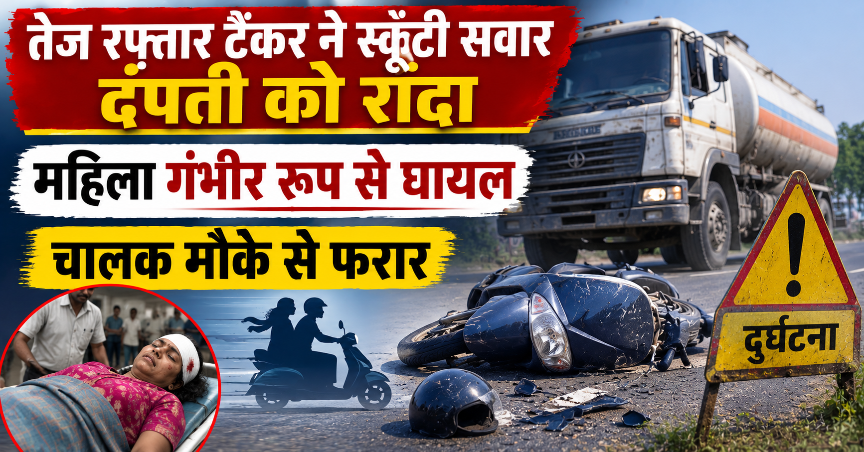 तेज रफ्तार टैंकर ने स्कूटी सवार दंपती को रौंदा, महिला गंभीर रूप से घायल; चालक मौके से फरार