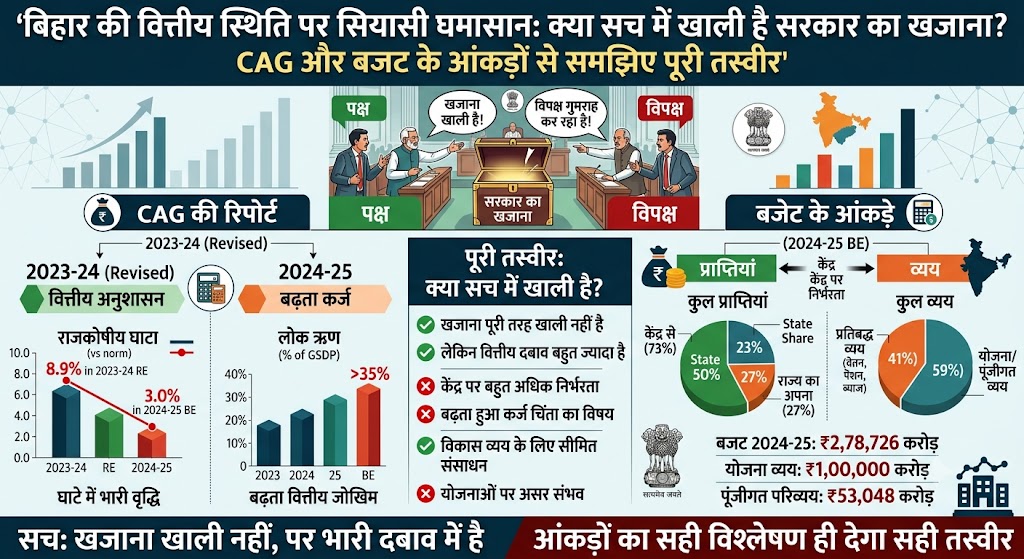 बिहार की वित्तीय स्थिति पर सियासी घमासान: क्या सच में खाली है सरकार का खजाना? CAG और बजट के आंकड़ों से समझिए पूरी तस्वीर