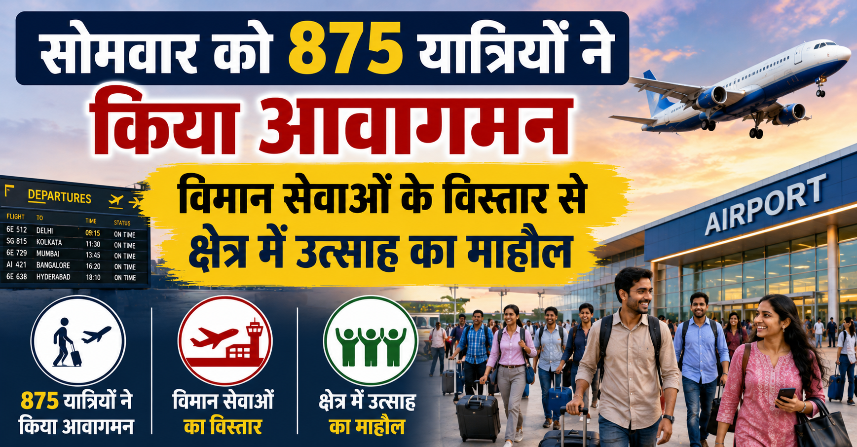 सोमवार को 875 यात्रियों ने किया आवागमन, विमान सेवाओं के विस्तार से क्षेत्र में उत्साह का माहौल