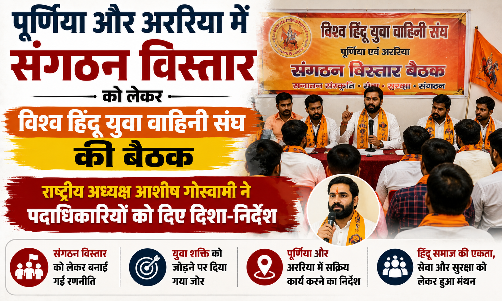 पूर्णिया और अररिया में संगठन विस्तार को लेकर विश्व हिंदू युवा वाहिनी संघ की बैठक, राष्ट्रीय अध्यक्ष आशीष गोस्वामी ने पदाधिकारियों को दिए दिशा-निर्देश