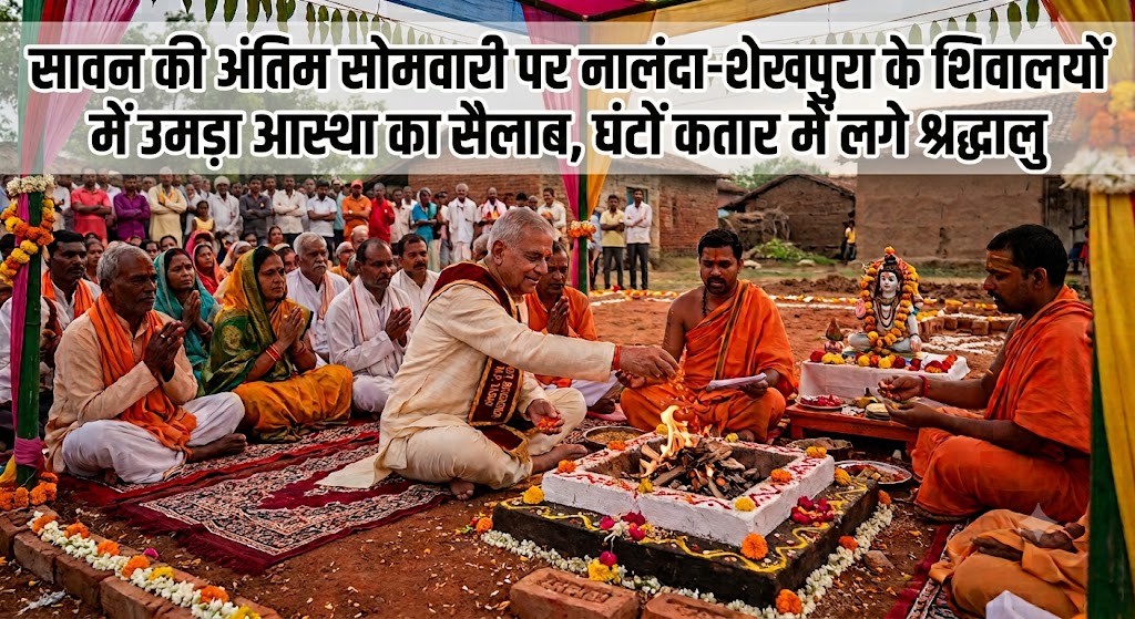 सावन की अंतिम सोमवारी पर नालंदा-शेखपुरा के शिवालयों में उमड़ा आस्था का सैलाब, घंटों कतार में लगे श्रद्धालु