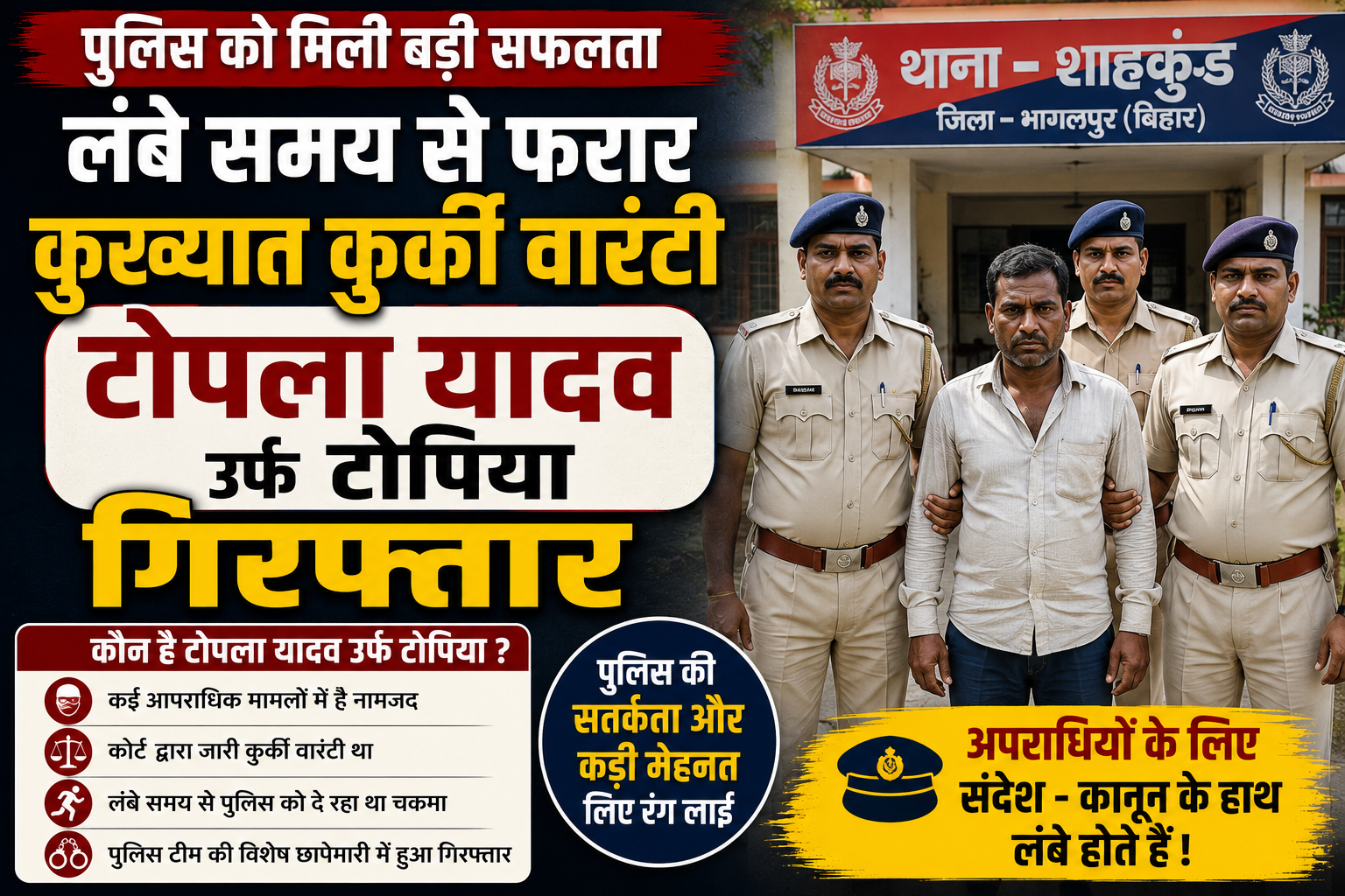 पुलिस को मिली बड़ी सफलता, लंबे समय से फरार कुख्यात कुर्की वारंटी टोपला यादव उर्फ टोपिया गिरफ्तार