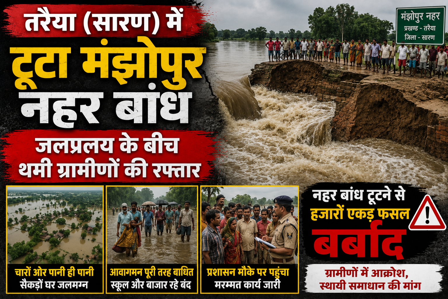 तरैया (सारण) में टूटा मंझोपुर नहर बांध, जलप्रलय के बीच थमी ग्रामीणों की रफ्तार