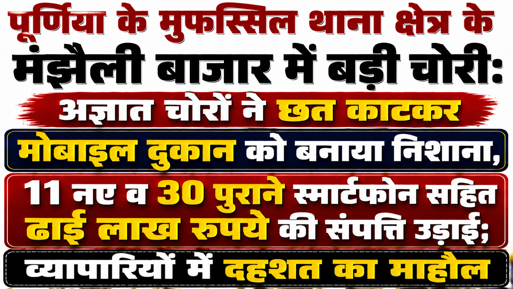 पूर्णिया के मुफस्सिल थाना क्षेत्र के मंझैली बाजार में बड़ी चोरी: अज्ञात चोरों ने छत काटकर मोबाइल दुकान को बनाया निशाना, 11 नए व 30 पुराने स्मार्टफोन सहित ढाई लाख रुपये की संपत्ति उड़ाई; व्यापारियों में दहशत का माहौल