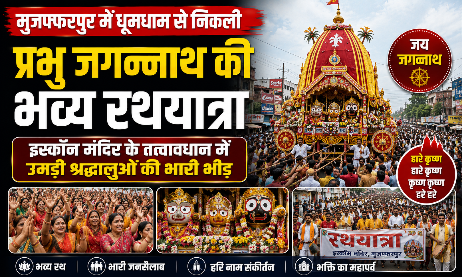 मुजफ्फरपुर में धूमधाम से निकली प्रभु जगन्नाथ की भव्य रथयात्रा: इस्कॉन मंदिर के तत्वावधान में उमड़ी श्रद्धालुओं की भारी भीड़