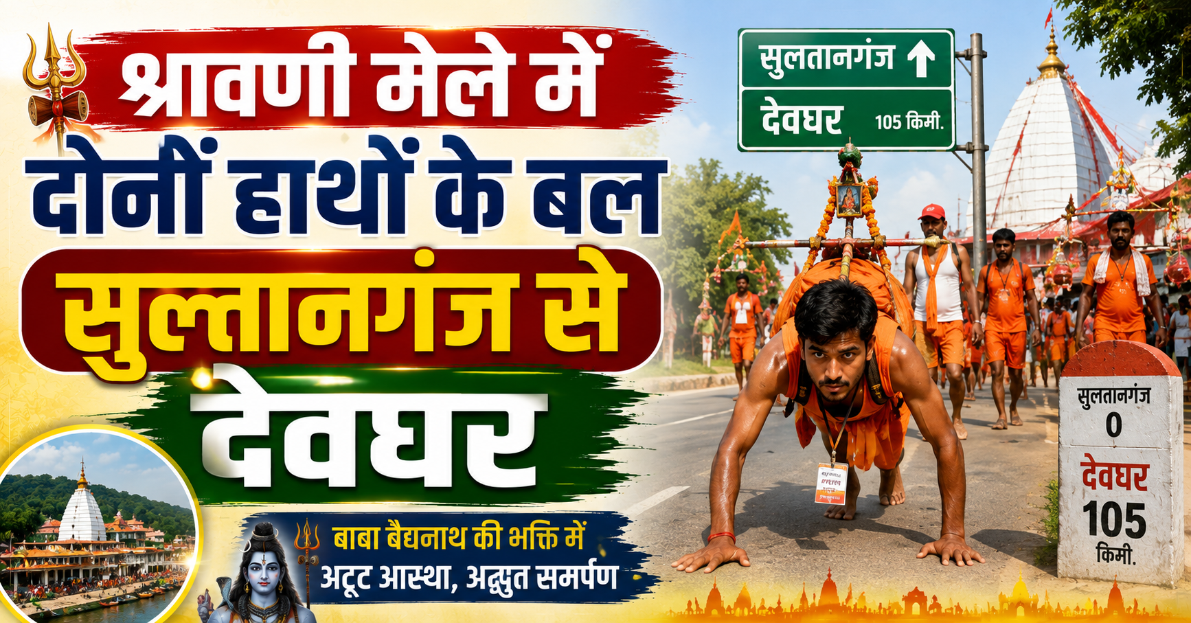 श्रावणी मेले में दोनों हाथों के बल सुल्तानगंज से देवघर की कठिन यात्रा तय कर रहे दिव्यांग कांवरिया राजीव सिंह