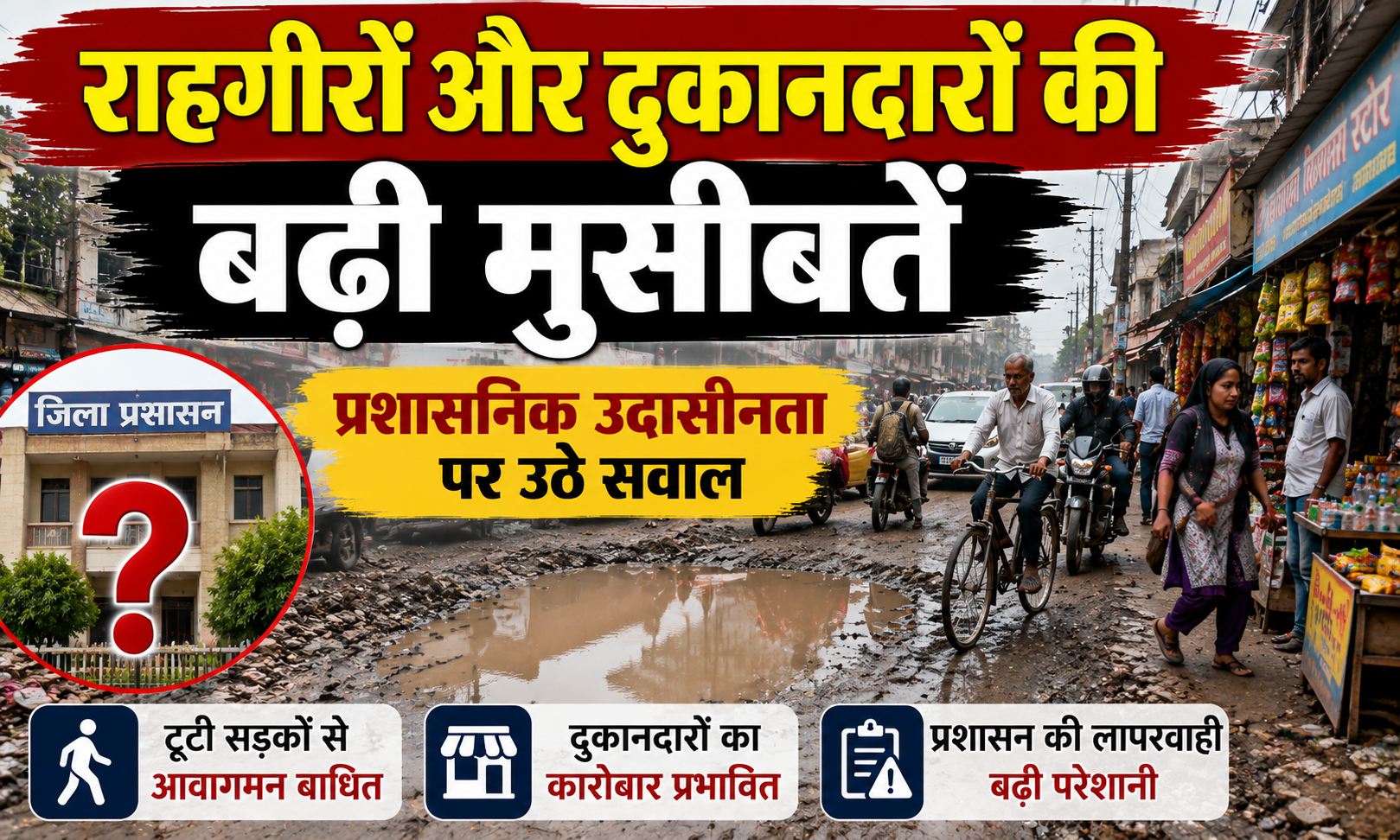 राहगीरों और दुकानदारों की बढ़ी मुसीबतें, प्रशासनिक उदासीनता पर उठे सवाल