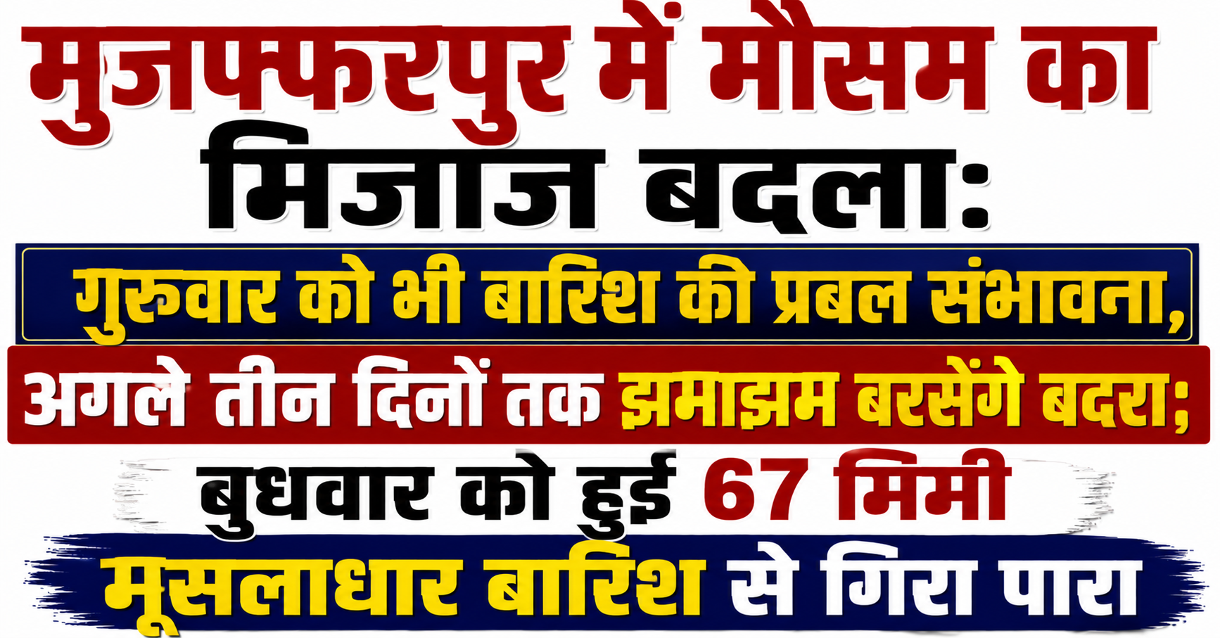 मुजफ्फरपुर में मौसम का मिजाज बदला: गुरुवार को भी बारिश की प्रबल संभावना, अगले तीन दिनों तक झमाझम बरसेंगे बदरा; बुधवार को हुई 67 मिमी मूसलाधार बारिश से गिरा पारा