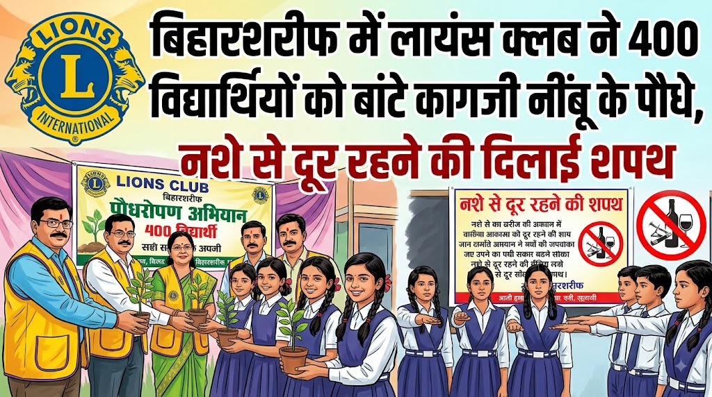 बिहारशरीफ में लायंस क्लब ने 400 विद्यार्थियों को बांटे कागजी नींबू के पौधे, नशे से दूर रहने की दिलाई शपथ
