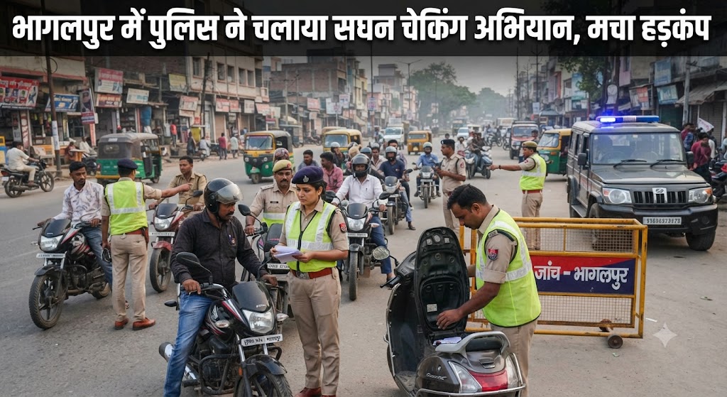 भागलपुर में पुलिस ने चलाया सघन चेकिंग अभियान, प्रमुख चौक-चौराहों पर वाहनों की जांच सुरक्षा और अपराध नियंत्रण को लेकर शाम में विशेष अभियान, चालकों से दस्तावेजों की हुई जांच