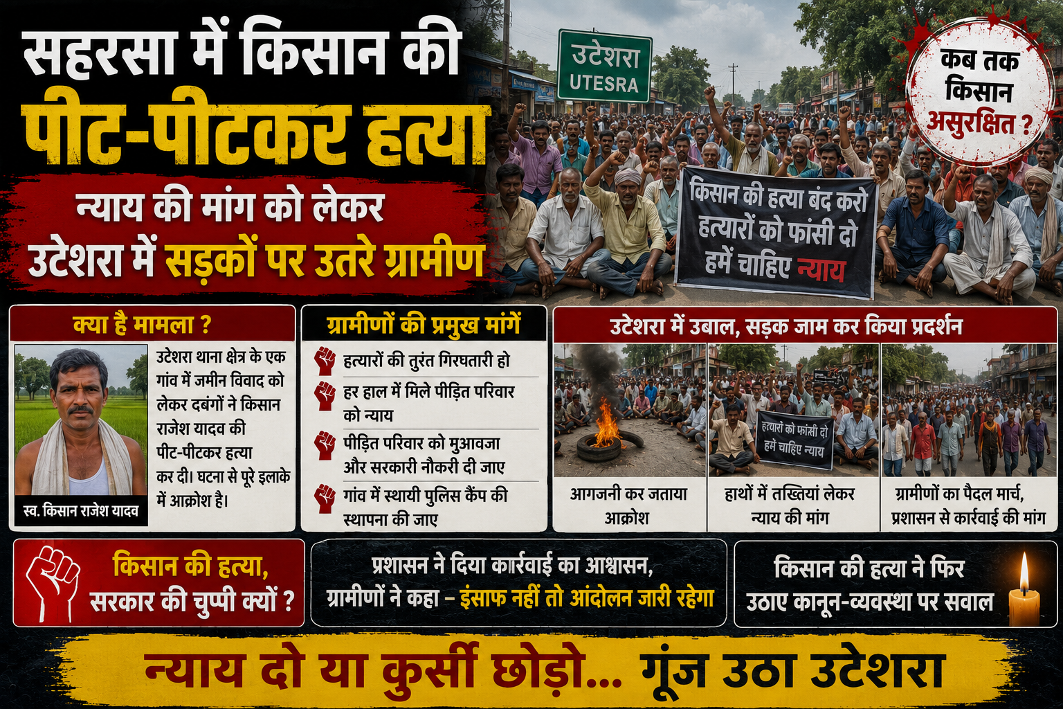 सहरसा में किसान की पीट-पीटकर हत्या — न्याय की मांग को लेकर उटेशरा में सड़कों पर उतरे ग्रामीण