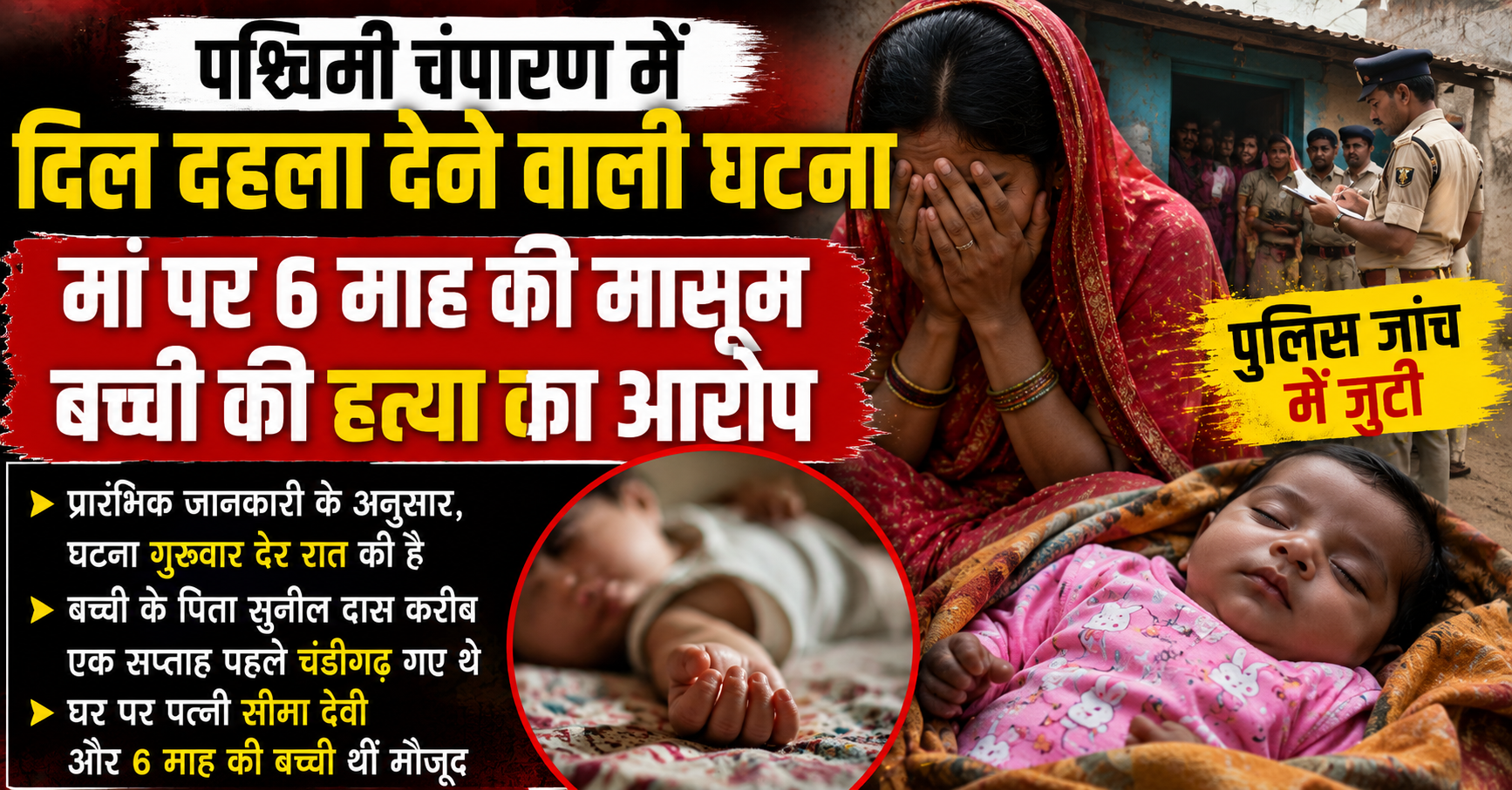 पश्चिमी चंपारण में दिल दहला देने वाली घटना: मां पर छह माह की मासूम बच्ची की हत्या का आरोप, पुलिस जांच में जुटी