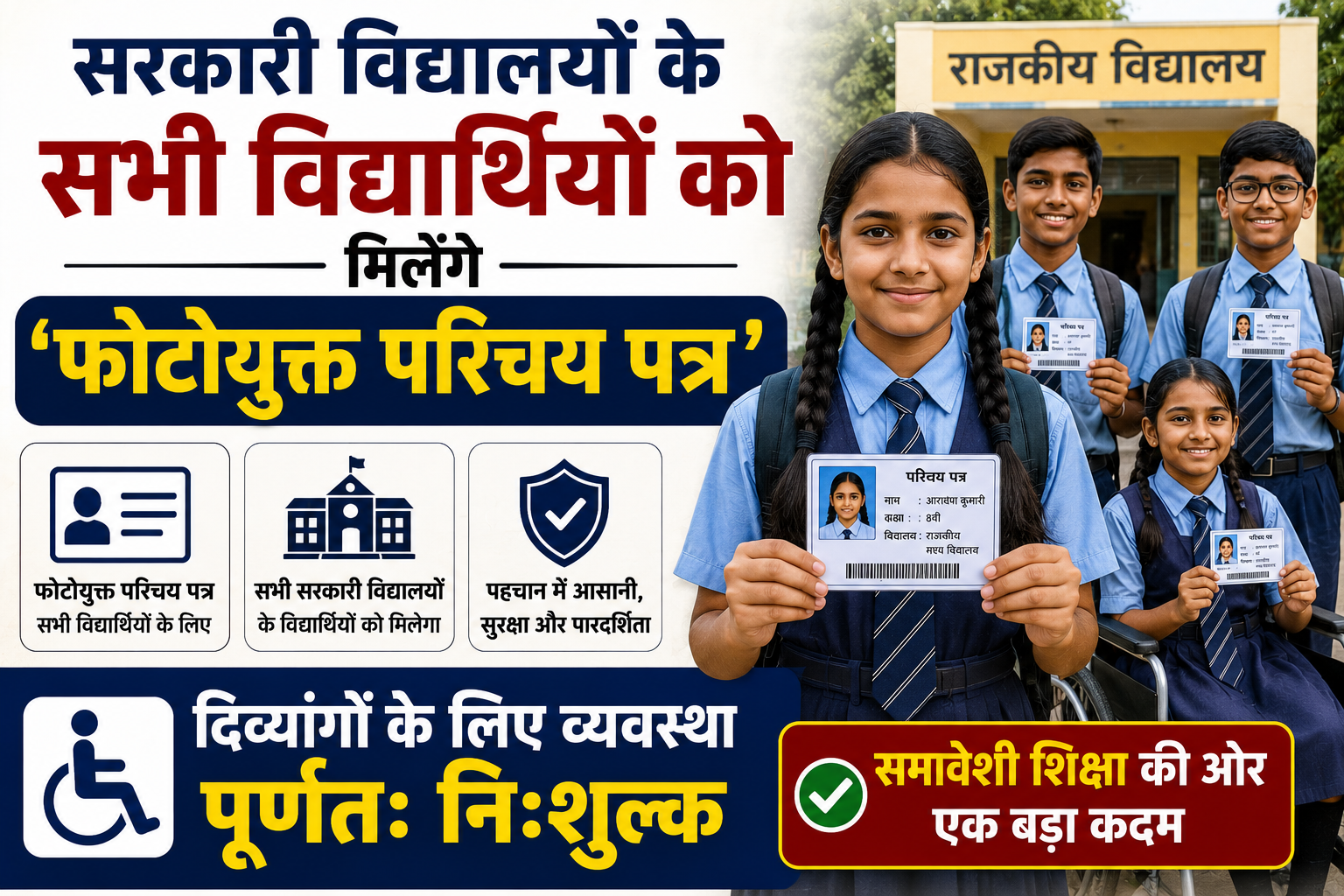 सरकारी विद्यालयों के सभी विद्यार्थियों को मिलेंगे 'फोटोयुक्त परिचय पत्र', दिव्यांगों के लिए व्यवस्था पूर्णतः निःशुल्क