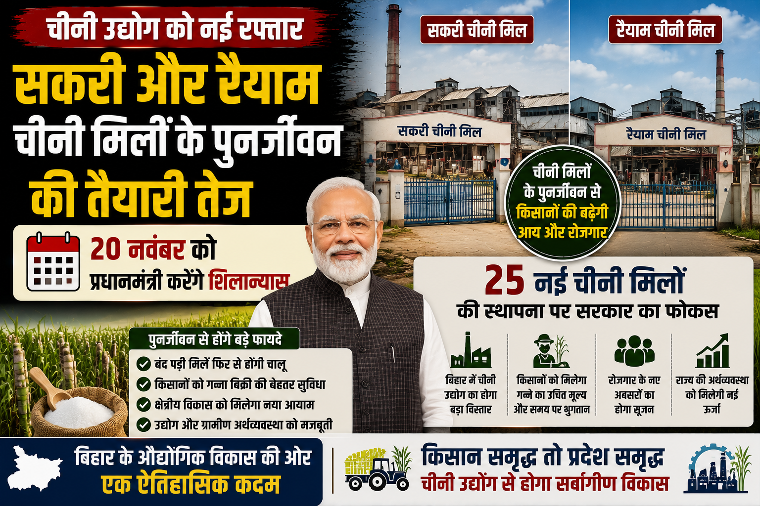सकरी और रैयाम चीनी मिलों के पुनर्जीवन की तैयारी तेज, 20 नवंबर को प्रधानमंत्री करेंगे शिलान्यास; 25 नई चीनी मिलों की स्थापना पर सरकार का फोकस