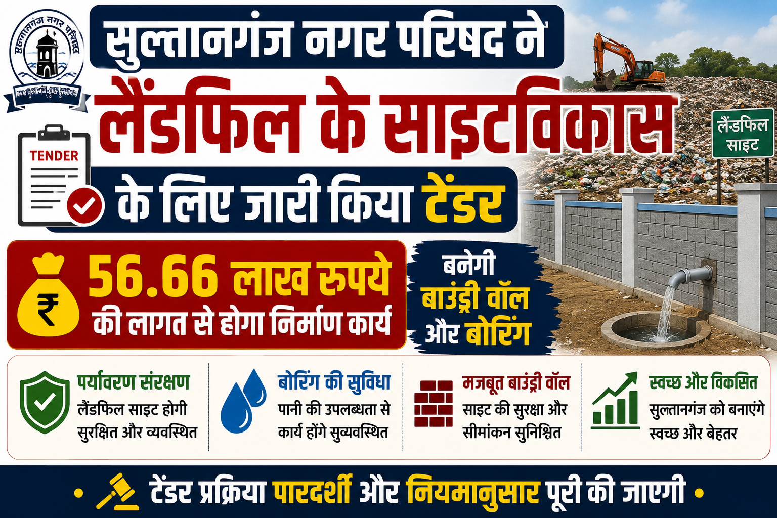 सुलतानगंज नगर परिषद ने लैंडफिल के  साइटविकास के लिए जारी किया टेंडर, 56.66 लाख रुपये की लागत से बनेगी बाउंड्री वॉल और बोरिंग