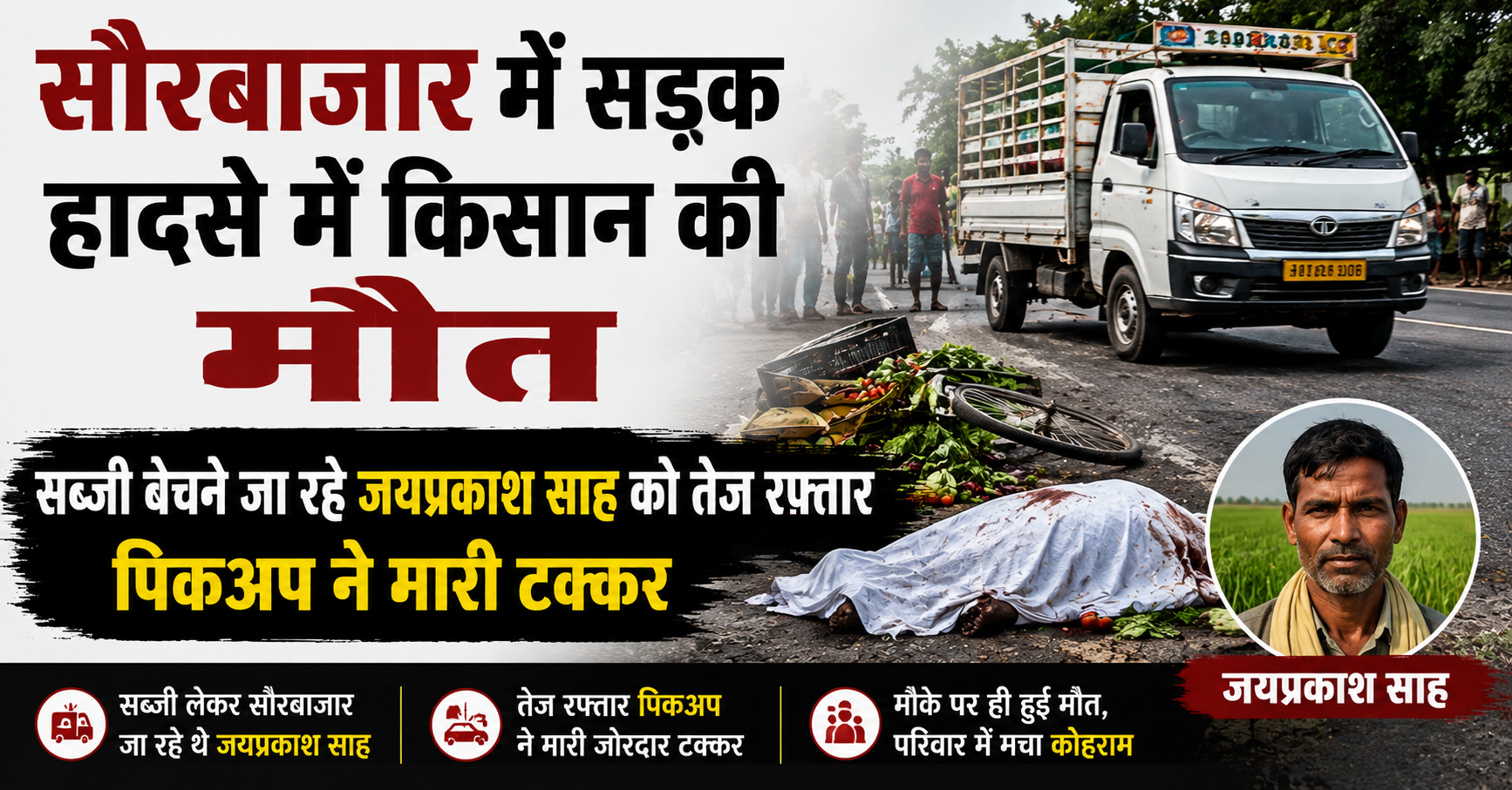 सौरबाजार में सड़क हादसे में किसान की मौत, सब्जी बेचने जा रहे जयप्रकाश साह को तेज रफ्तार पिकअप ने मारी टक्कर