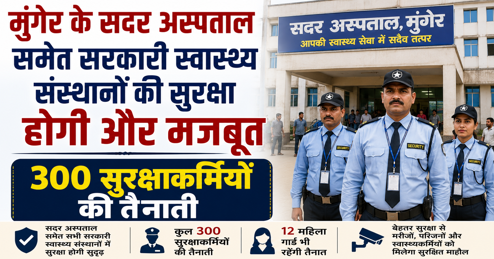 मुंगेर के सदर अस्पताल समेत सरकारी स्वास्थ्य संस्थानों की सुरक्षा होगी और मजबूत, 300 सुरक्षाकर्मियों की तैनाती