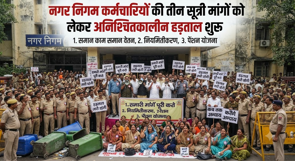 नगर निगम कर्मचारियों की तीन सूत्री मांगों को लेकर अनिश्चितकालीन हड़ताल शुरू; हड़ताल की पूर्व संध्या पर निकला आक्रोशपूर्ण जुलूस, शहर की व्यवस्था चरमराई