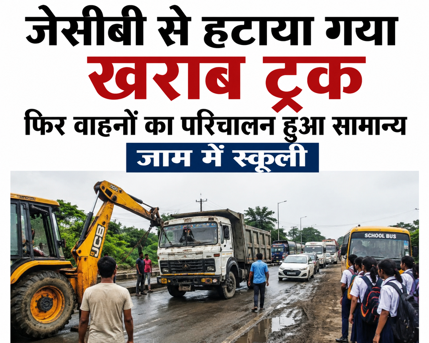 खराब ट्रक को जेसीबी से हटाकर बहाल किया गया परिचालन, स्कूली बच्चों और राहगीरों ने ली राहत की सांस