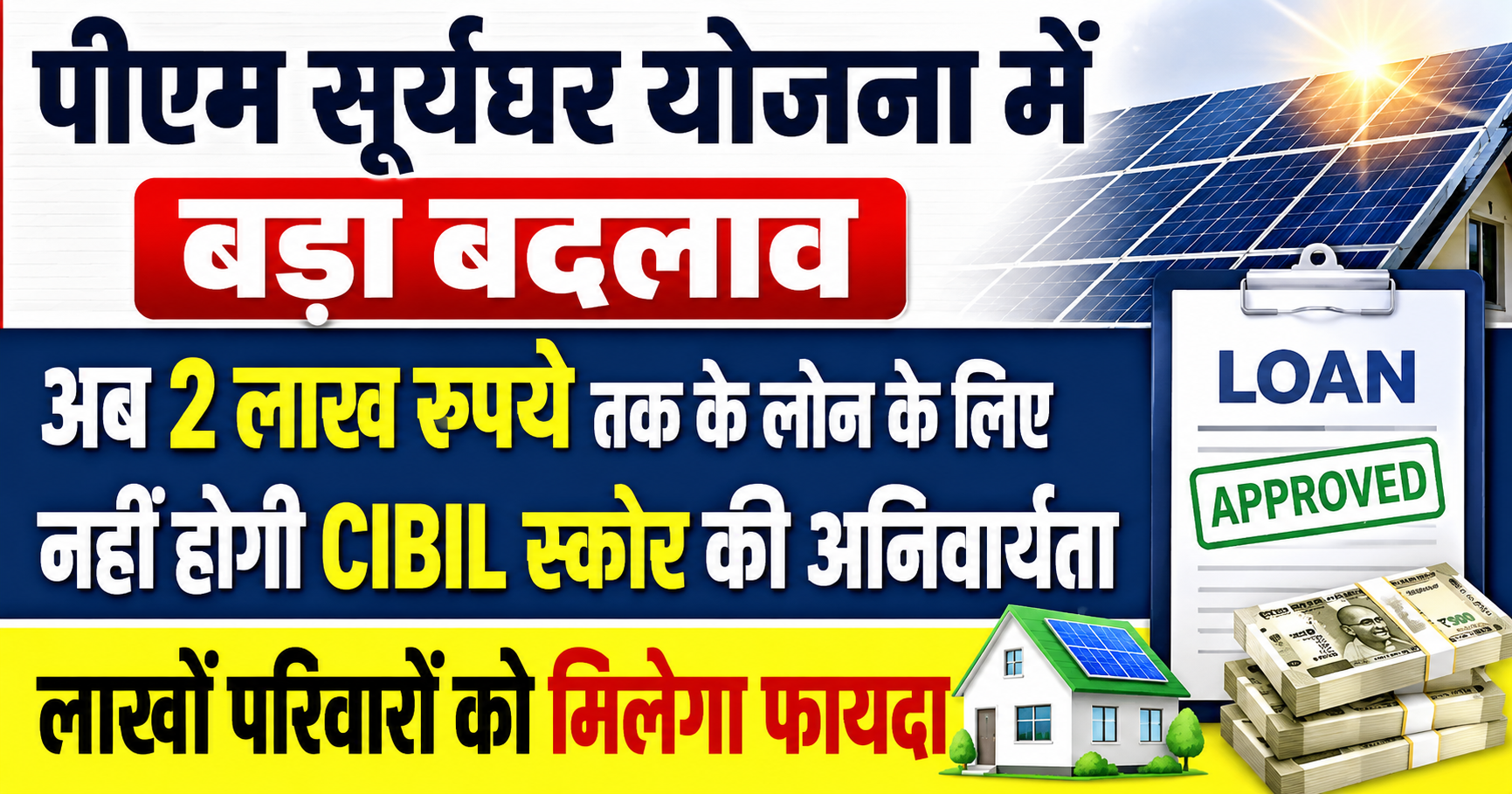 पीएम सूर्यघर योजना में बड़ा बदलाव, अब 2 लाख रुपये तक के लोन के लिए नहीं होगी CIBIL स्कोर की अनिवार्यता; लाखों परिवारों को मिलेगा फायदा