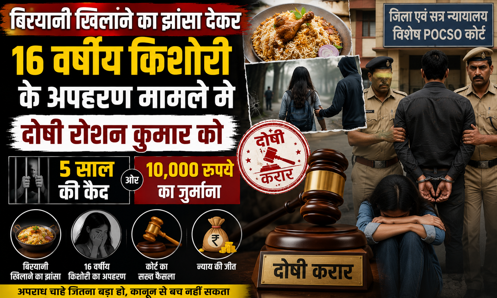 बिरयानी खिलाने का झांसा देकर 16 वर्षीय किशोरी के अपहरण मामले में दोषी रोशन कुमार को पांच साल की कैद और 10,000 रुपये का जुर्माना