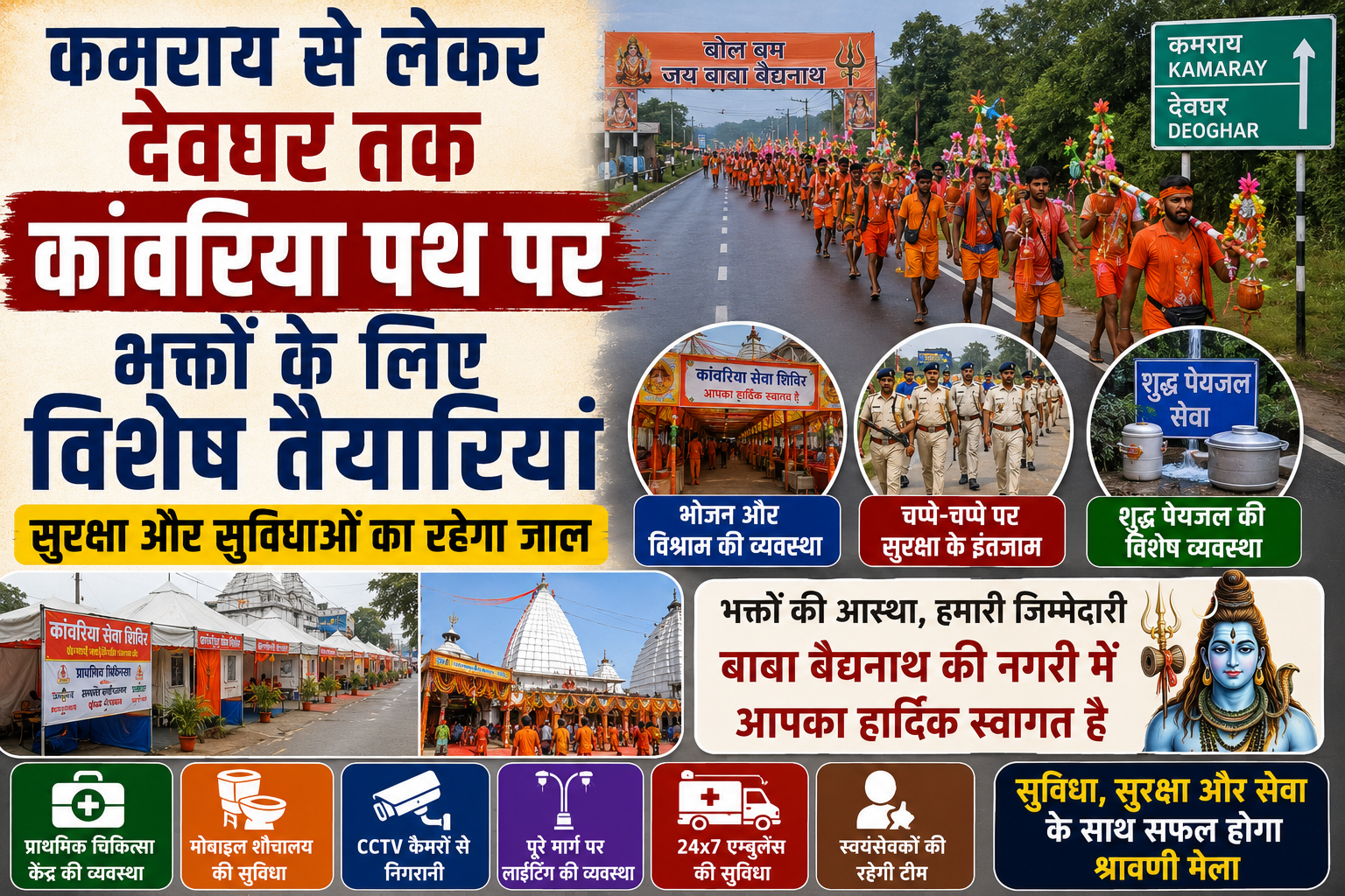 कमराय से लेकर देवघर तक कांवरिया पथ पर भक्तों के लिए विशेष तैयारियां, सुरक्षा और सुविधाओं का रहेगा जाल