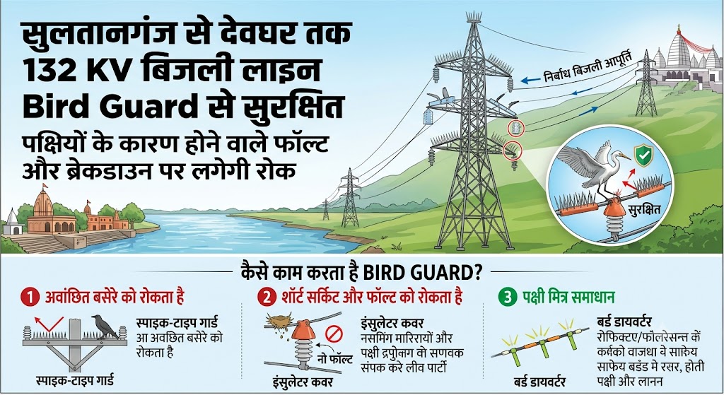सुलतानगंज से देवघर तक 132 KV बिजली लाइन होगी Bird Guard से सुरक्षित, पक्षियों के कारण होने वाले फॉल्ट और ब्रेकडाउन पर लगेगी रोक