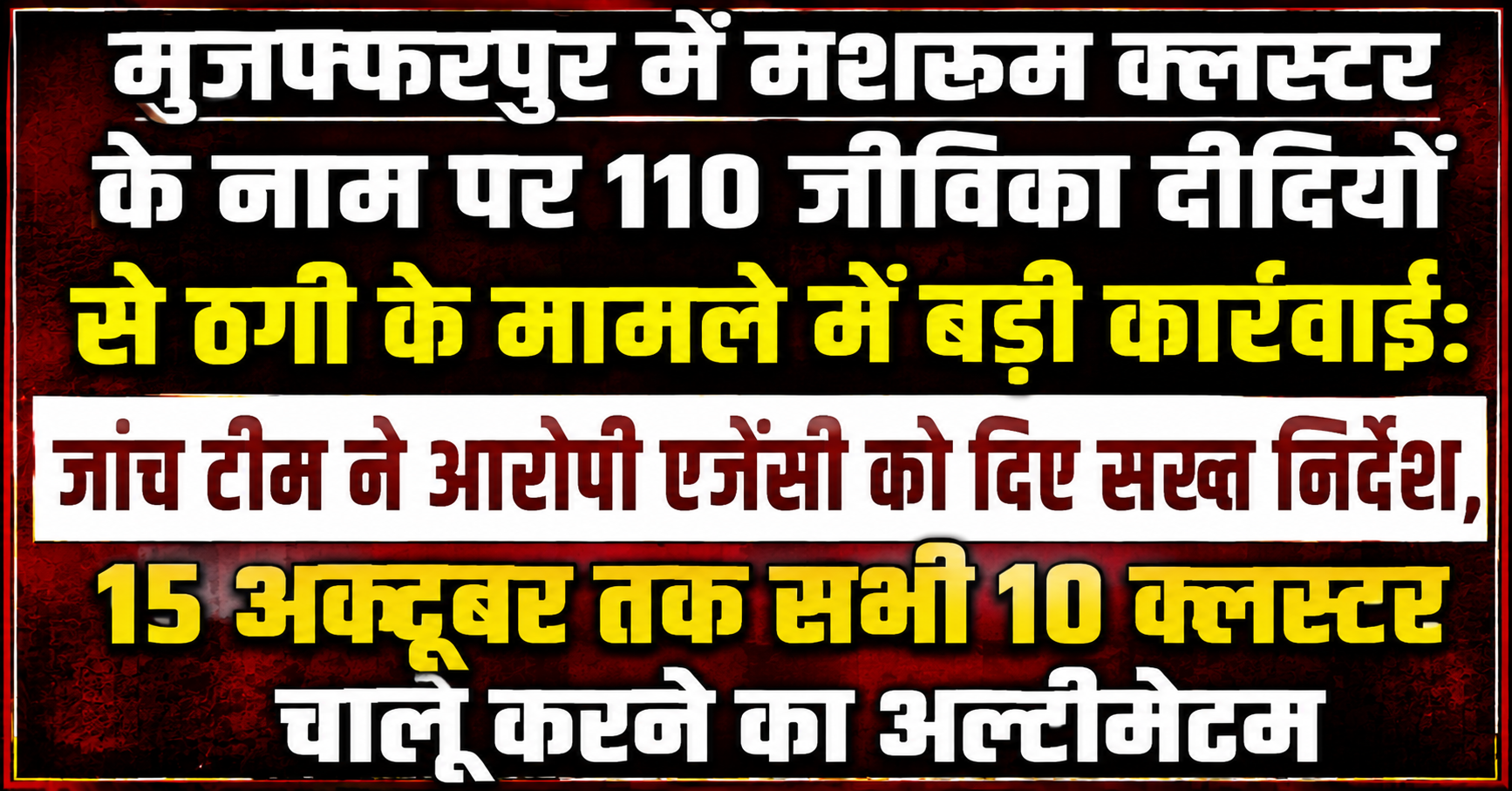 मुजफ्फरपुर में मशरूम क्लस्टर के नाम पर 110 जीविका दीदियों से ठगी के मामले में बड़ी कार्रवाई: जांच टीम ने आरोपी एजेंसी को दिए सख्त निर्देश, 15 अक्टूबर तक सभी 10 क्लस्टर चालू करने का अल्टीमेटम