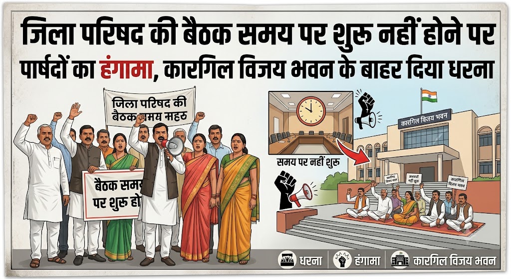 जिला परिषद की बैठक समय पर शुरू नहीं होने पर पार्षदों का हंगामा, कारगिल विजय भवन के बाहर दिया धरना