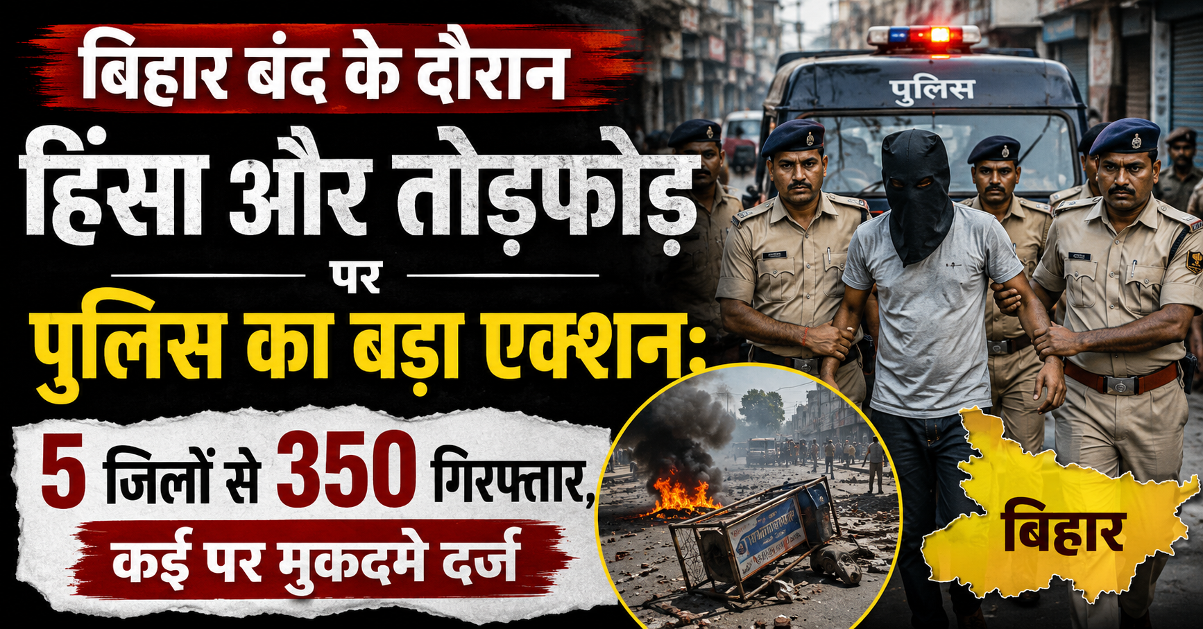 Strict Police Action Against Violence and Vandalism During Bihar Bandh: 350 Arrested Across 5 Districts, Cases Filed