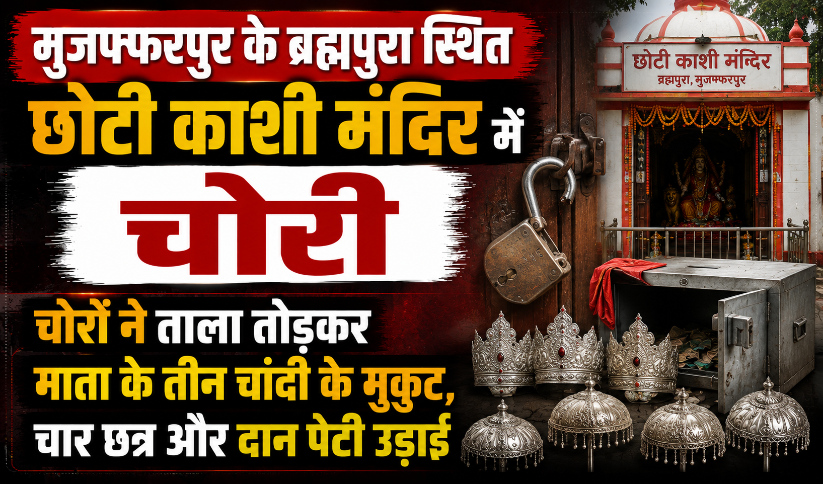 मुजफ्फरपुर के ब्रह्मपुरा स्थित छोटी काशी मंदिर में चोरी: चोरों ने ताला तोड़कर माता के तीन चांदी के मुकुट, चार छत्र और दान पेटी उड़ाई