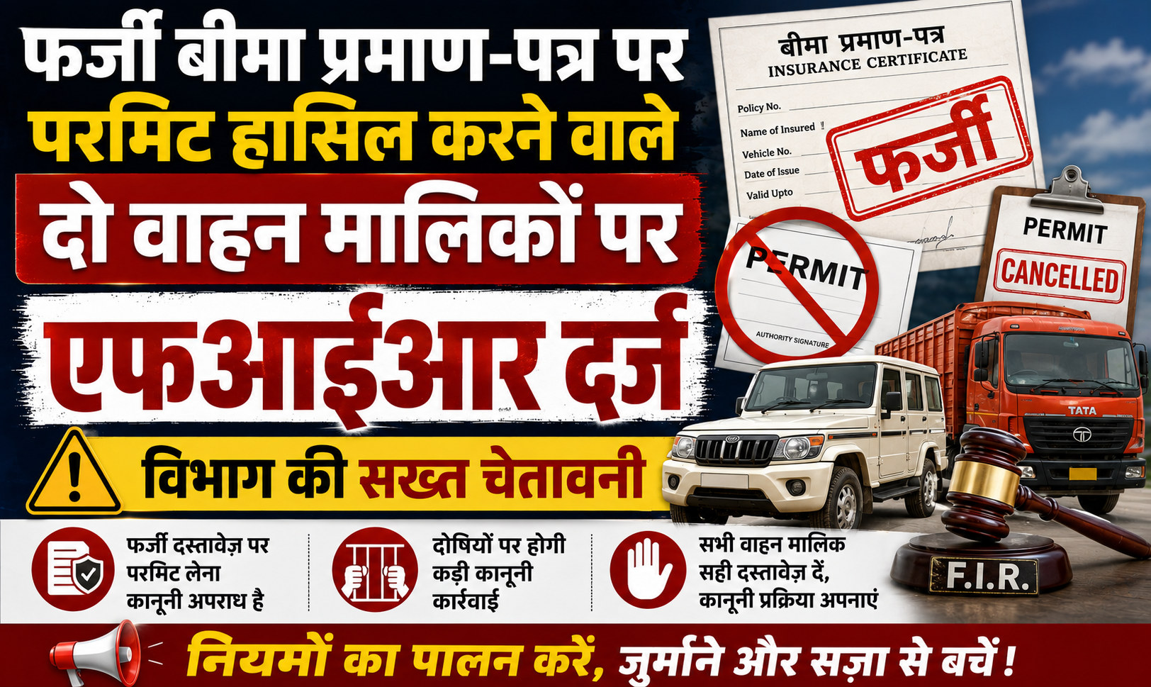 मगध प्रादेशिक परिवहन प्राधिकार का कड़ा रुख: फर्जी बीमा प्रमाण-पत्र पर परमिट हासिल करने वाले दो वाहन मालिकों पर एफआईआर दर्ज, विभाग की सख्त चेतावनी