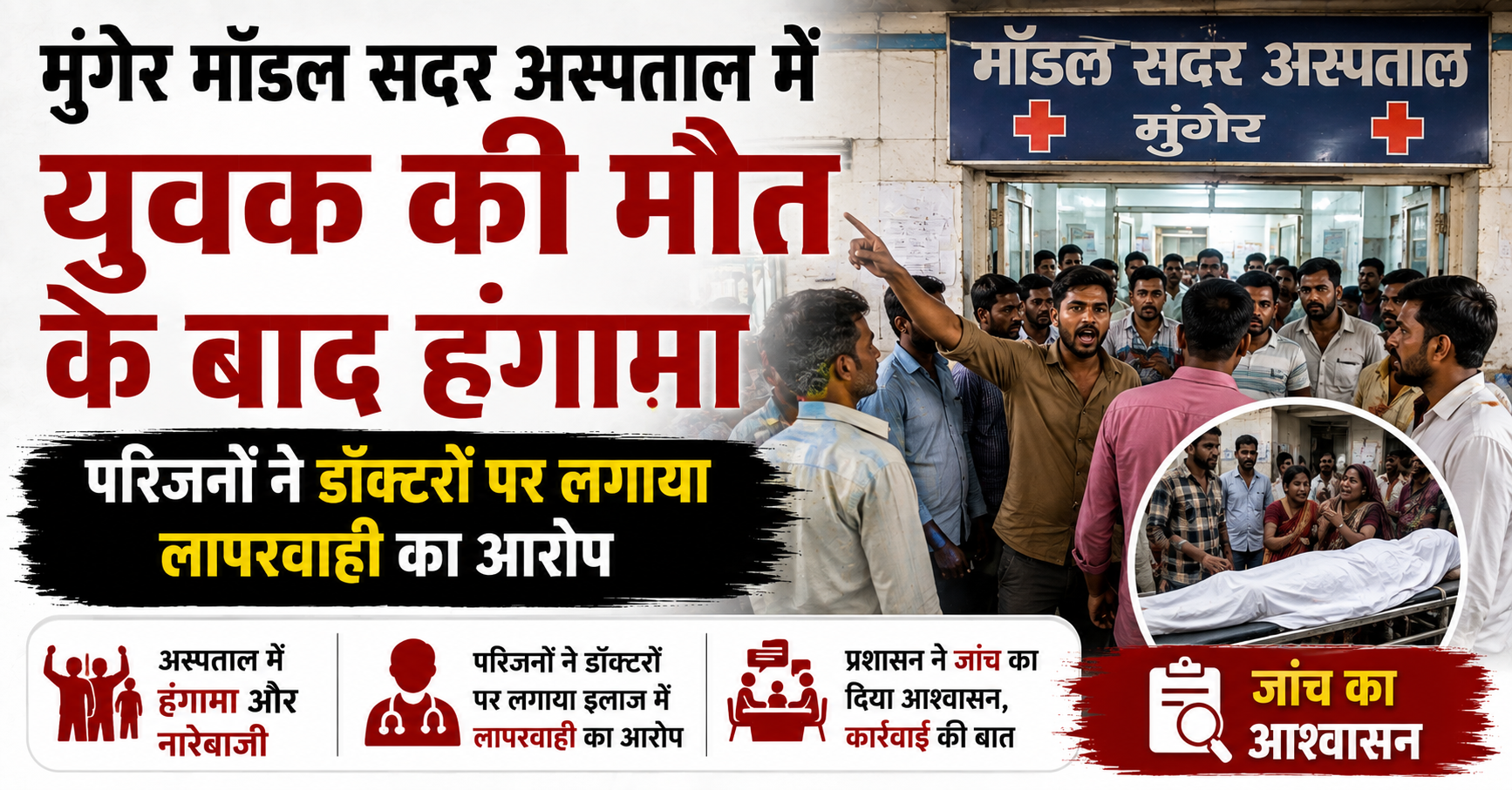 मुंगेर मॉडल सदर अस्पताल में युवक की मौत के बाद हंगामा, परिजनों ने डॉक्टरों पर लगाया लापरवाही का आरोप; जांच का आश्वासन