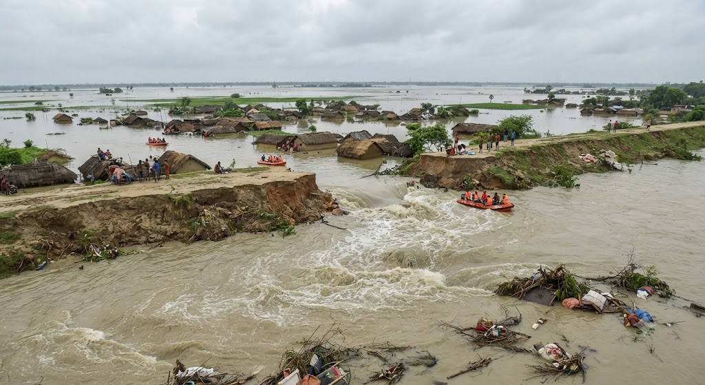 खरीक में राघोपुर-काजीकोरैया तटबंध टूटा, करोड़ों की संपत्ति पर संकट तटबंध टूटने से खेतों और आबादी में घुसा बाढ़ का पानी, ग्रामीणों में दहशत