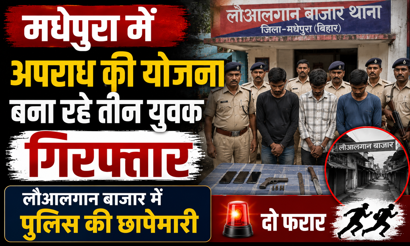 मधेपुरा में अपराध की योजना बना रहे तीन युवक गिरफ्तार, लौआलगान बाजार में पुलिस की छापेमारी; दो फरार