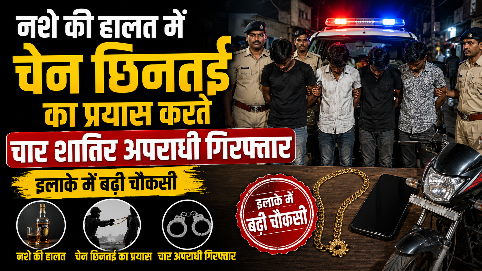नशे की हालत में चेन छिनतई का प्रयास करते चार शातिर अपराधी गिरफ्तार, इलाके में बढ़ी चौकसी