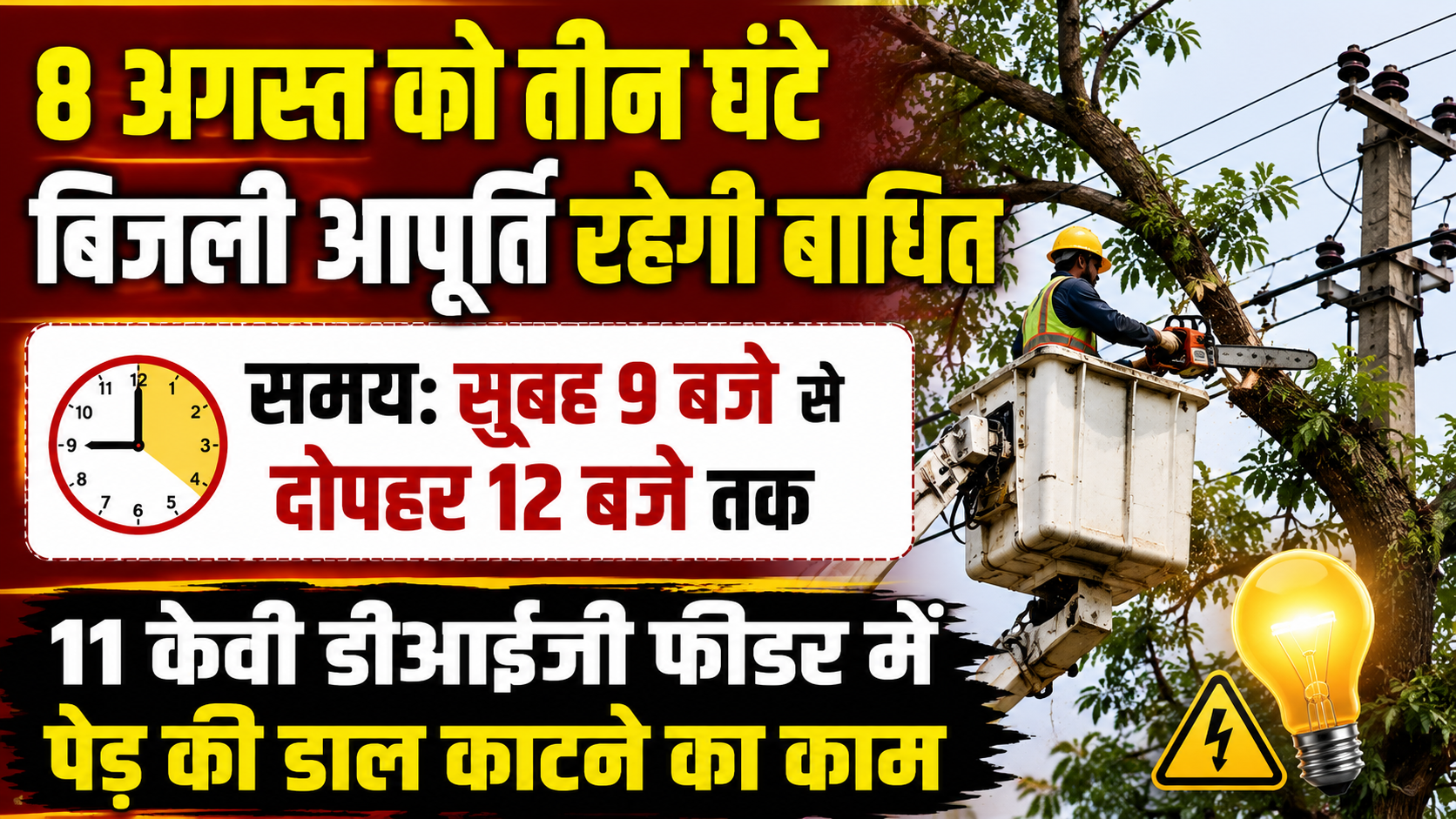 8 अगस्त को तीन घंटे बिजली आपूर्ति रहेगी बाधित, 11 केवी डीआईजी फीडर में पेड़ की डाल काटने का काम