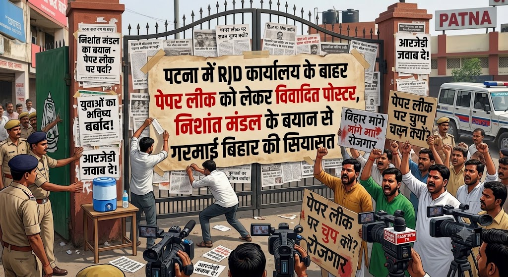 पटना में RJD कार्यालय के बाहर पेपर लीक को लेकर विवादित पोस्टर, निशांत मंडल के बयान से गरमाई बिहार की सियासत