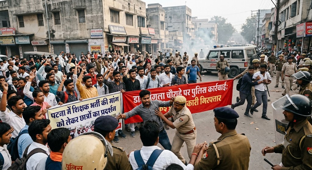 पटना में शिक्षक भर्ती की मांग को लेकर छात्रों का प्रदर्शन, डाकबंगला चौराहे पर पुलिस कार्रवाई; कई प्रदर्शनकारी गिरफ्तार