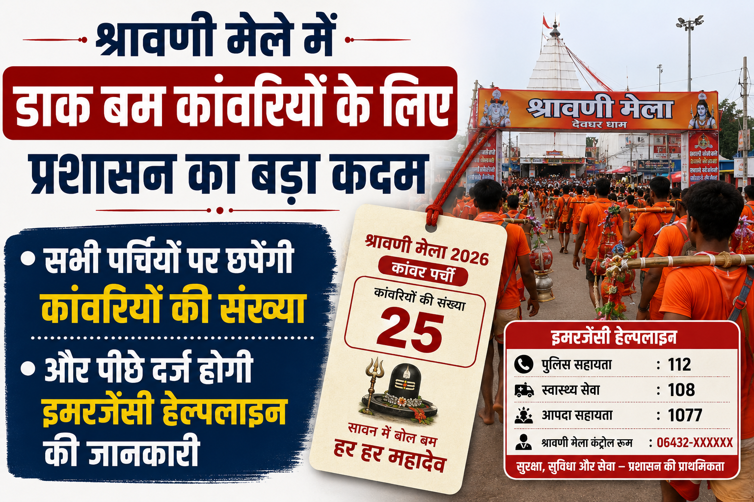 श्रावणी मेले में डाक बम कांवरियों के लिए प्रशासन का बड़ा कदम; सभी पर्चियों पर छपेंगी कांवरियों की संख्या और पीछे दर्ज होगी इमरजेंसी हेल्पलाइन की जानकारी